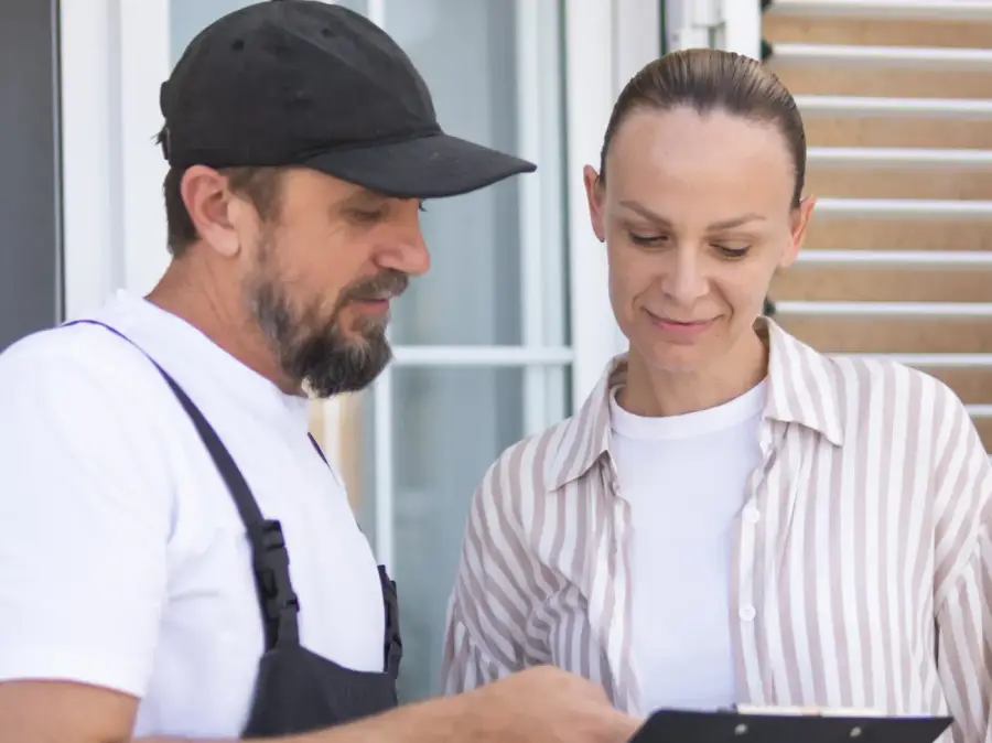 Homeowner at a laptop reviewing a contractor license record next to a printed estimate